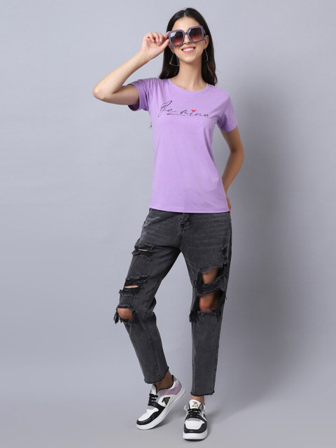 UnaOne Women Plus Size Lavender Typography Printed Slim Fit Cotton T-shirt - Image 6