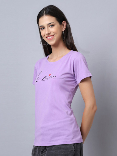 UnaOne Women Plus Size Lavender Typography Printed Slim Fit Cotton T-shirt - Image 4