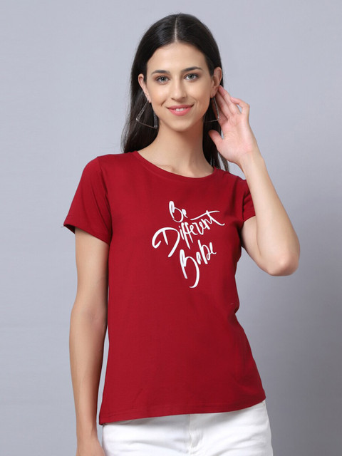 UnaOne Women Maroon Printed Slim Fit Plus Size T-shirt