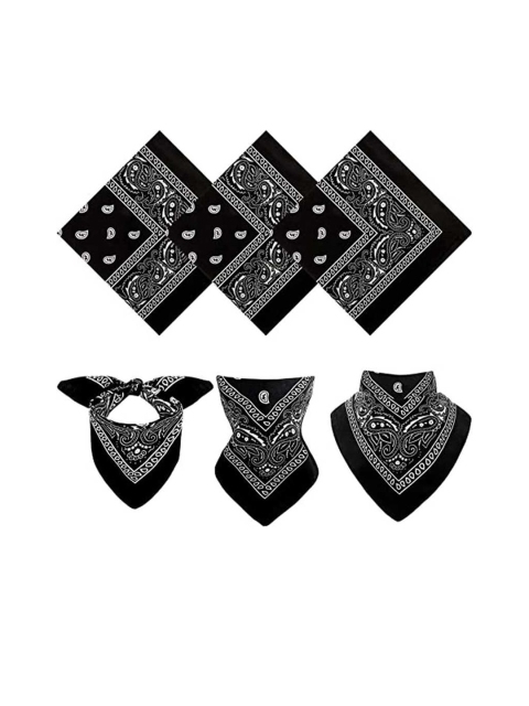 Aadikart Pack of 3 Black & White Paisley Printed Cotton Bandanas