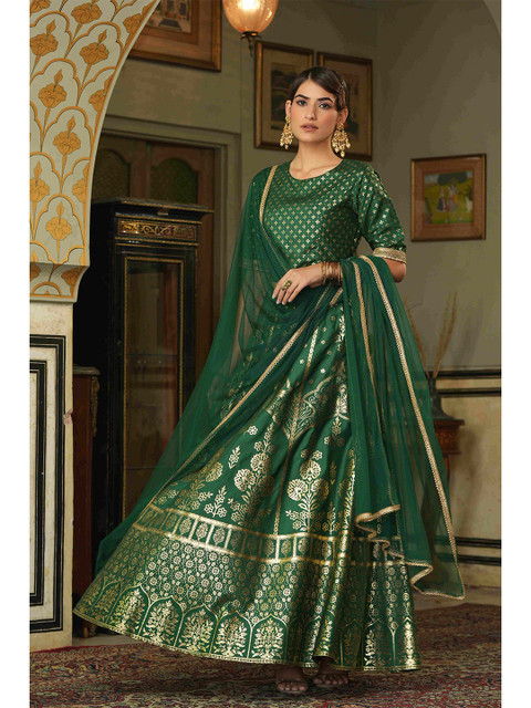 Juniper Women Green & Gold-Toned Foil Printed Lehnga & Blouse With Dupatta
