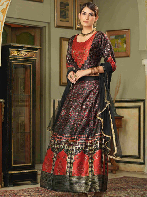 Juniper Black & Maroon Embellished Ready to Wear Lehenga & Blouse With Dupatta