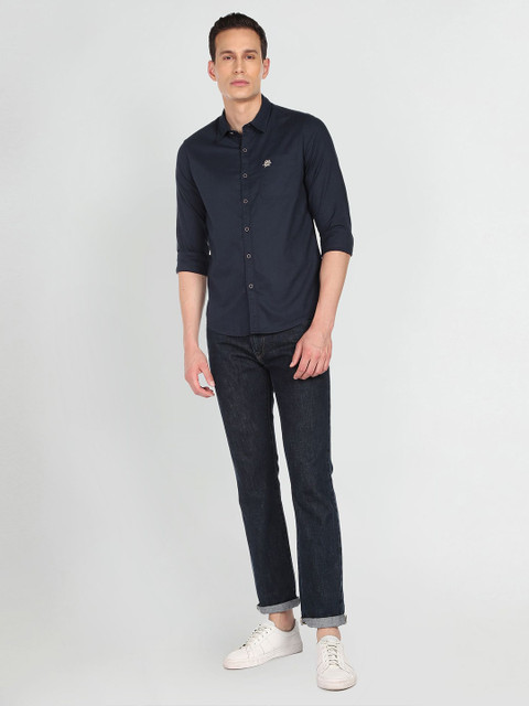 U S Polo Assn Denim Co Men Navy Blue Solid Slim Fit Pure Cotton Casual Shirt - Image 5