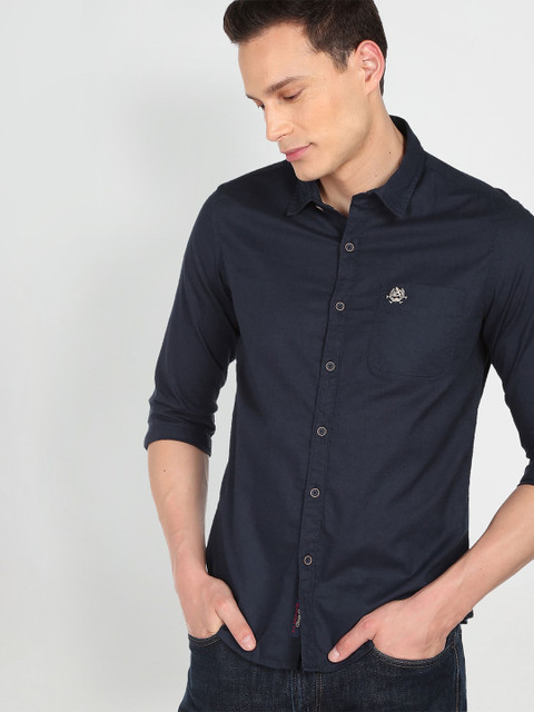 U S Polo Assn Denim Co Men Navy Blue Solid Slim Fit Pure Cotton Casual Shirt - Image 6