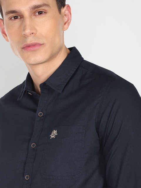U S Polo Assn Denim Co Men Navy Blue Solid Slim Fit Pure Cotton Casual Shirt - Image 2