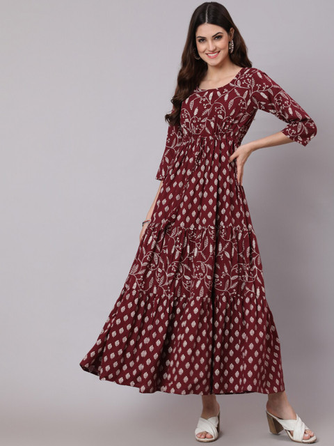 Nayo Burgundy Ethnic Motifs Ethnic A-Line Maxi Dress