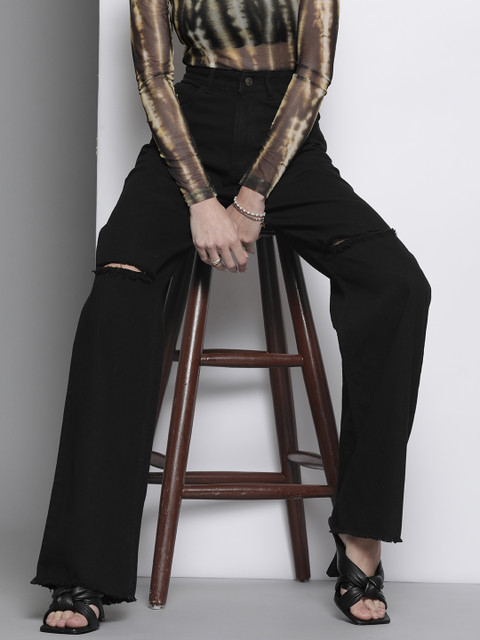 SASSAFRAS Black Comfort Straight Fit High-Rise Cotton Slash Knee Jeans