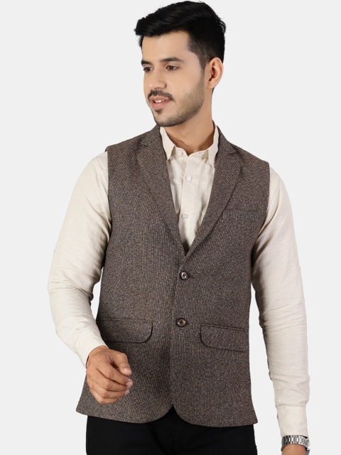Wintage Men Brown Woven Design Nehru Jackets