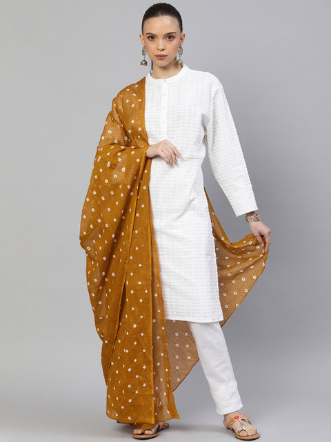 Rani Saahiba Mustard & White Printed Pure Cotton Bandhani Dupatta