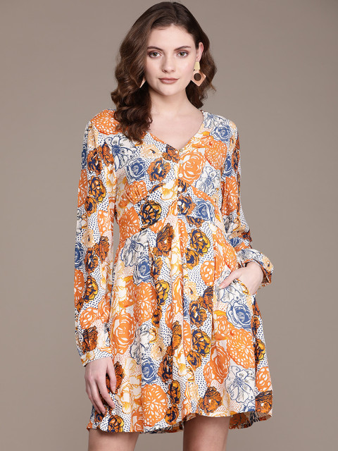 Label Ritu Kumar Orange & Brown V-Neck Printed Jumpsuit