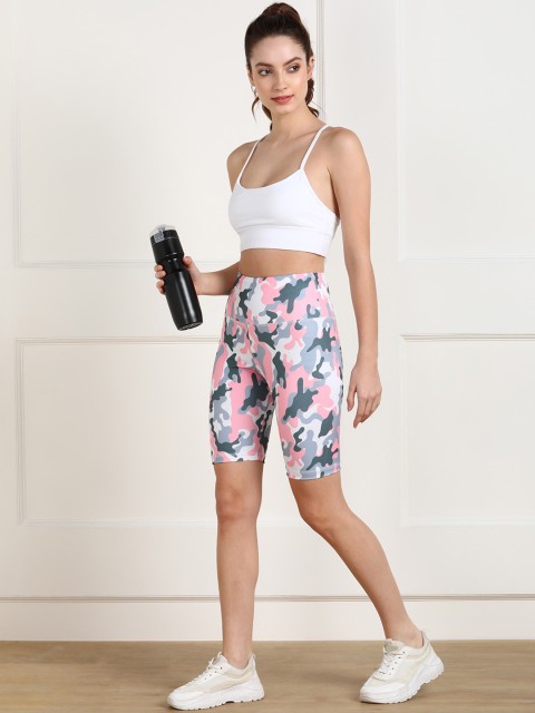 Rock Paper Scissors Women Pink Camouflage Printed High-Rise Cycling Sports Shorts - Image 4