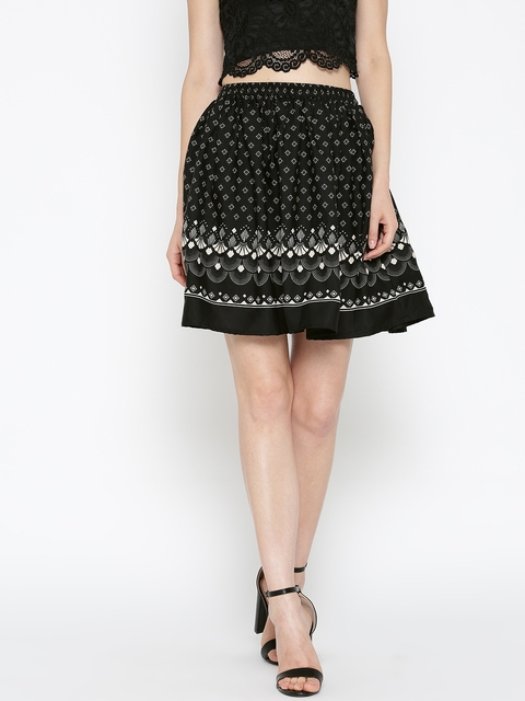 Sera Black Printed Flared Skirt