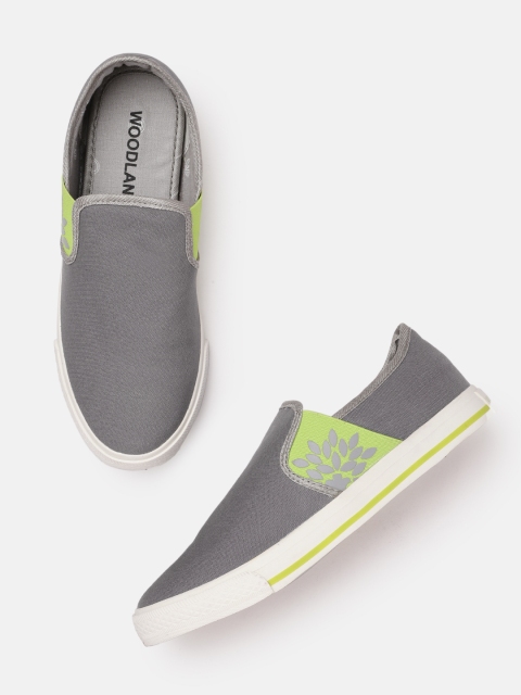 Woodland Men Grey & Green Solid Leather Slip-On Sneakers