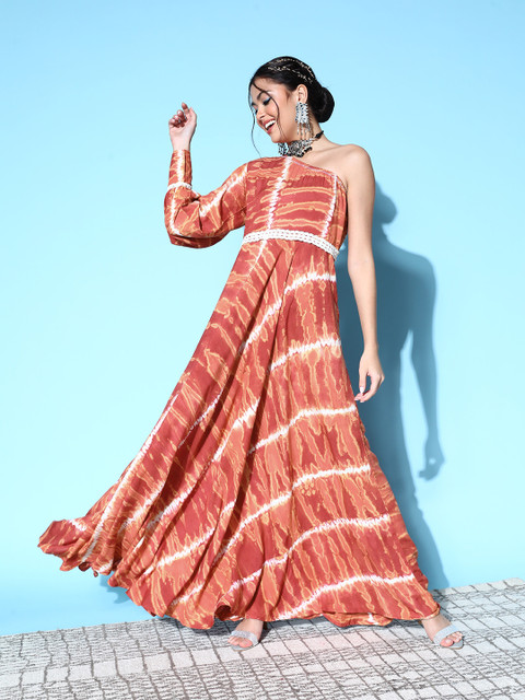 Yufta Brown & White Tie and Dye Dyed One Shoulder Maxi Dress