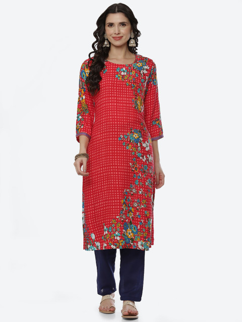 Rangriti Women Red Floral Printed Thread Work Kurta