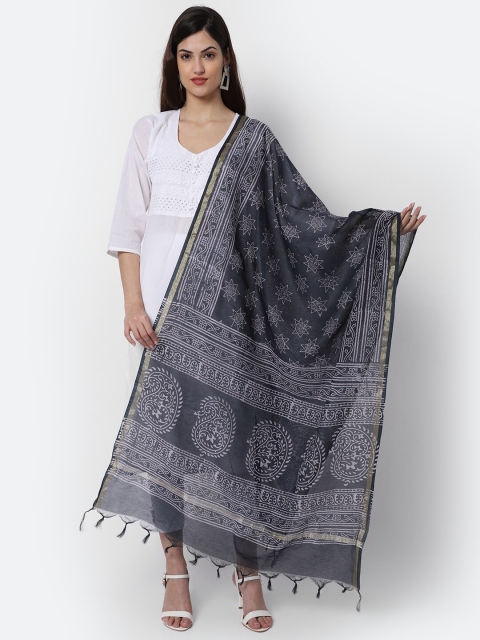 LOOM LEGACY Black & White Woven Design Cotton Silk Dupatta with Zari