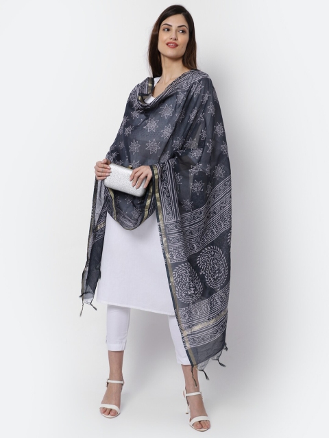 LOOM LEGACY Black & White Woven Design Cotton Silk Dupatta with Zari - Image 5
