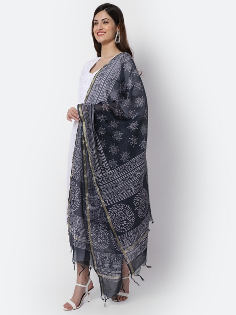 LOOM LEGACY Black & White Woven Design Cotton Silk Dupatta with Zari - Image 3