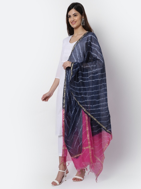 LOOM LEGACY Blue & Pink Woven Design Cotton Silk Dupatta with Zari - Image 3