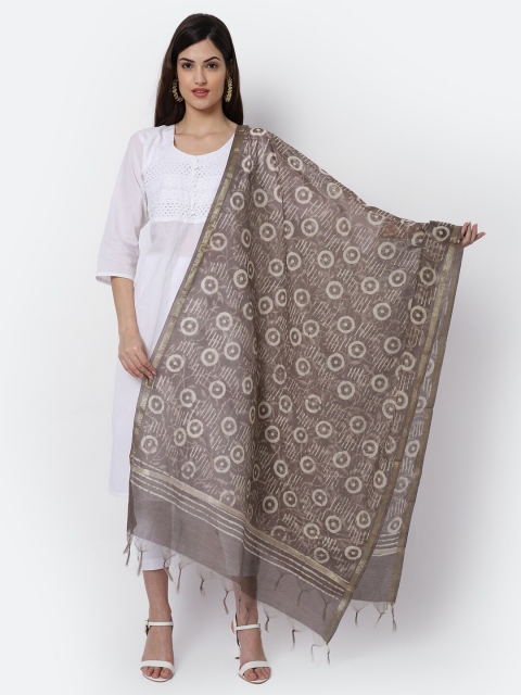 LOOM LEGACY Grey & Gold-Toned Ethnic Motifs Woven Design Cotton Silk Dupatta with Zari