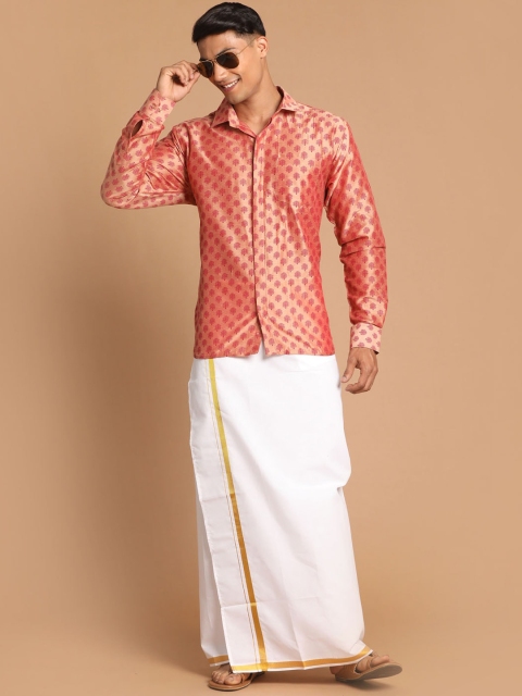 VASTRAMAY Men Pink & White Printed Cotton Shirt With Mundu - Image 6