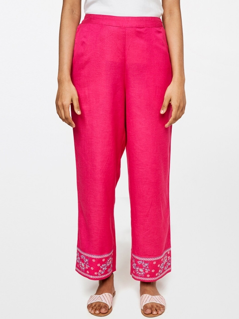 Global Desi Women Pink Floral Embroidered Trousers