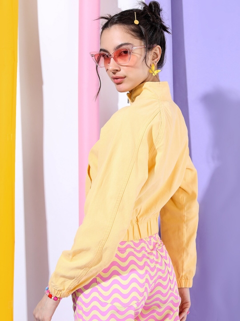Tokyo Talkies Women Yellow Solid Bomber Jacket - Image 4