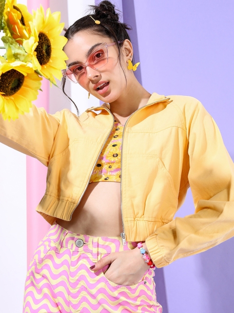 Tokyo Talkies Women Yellow Solid Bomber Jacket - Image 6