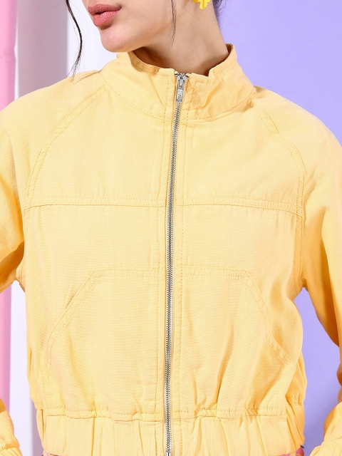 Tokyo Talkies Women Yellow Solid Bomber Jacket - Image 2