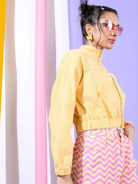 Tokyo Talkies Women Yellow Solid Bomber Jacket - Image 3