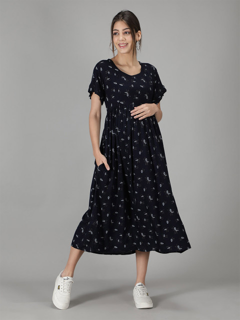 NIGHTSPREE Navy Blue Floral Maternity A-Line Midi Dress