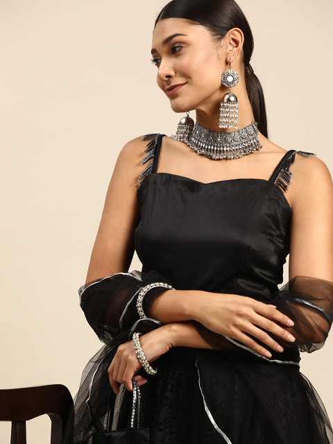 Sangria Black Semi-Stitched Lehenga & Unstitched Blouse With Dupatta