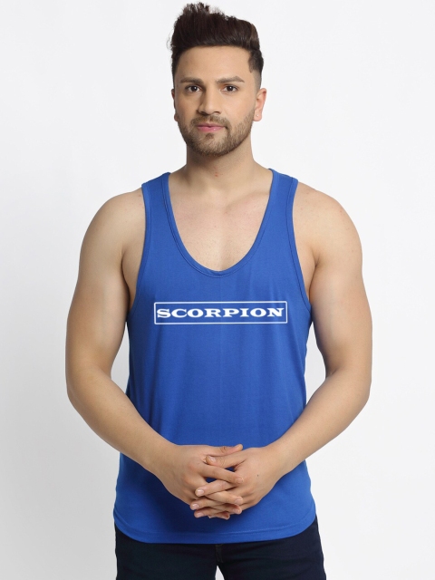 Friskers Men Blue Printed Apple Cut Sleeveless Cotton Gym Vest