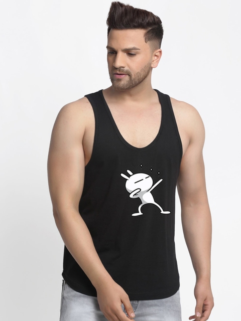 Friskers Men Black Printed Apple Cut Sleeveless Gym Vest