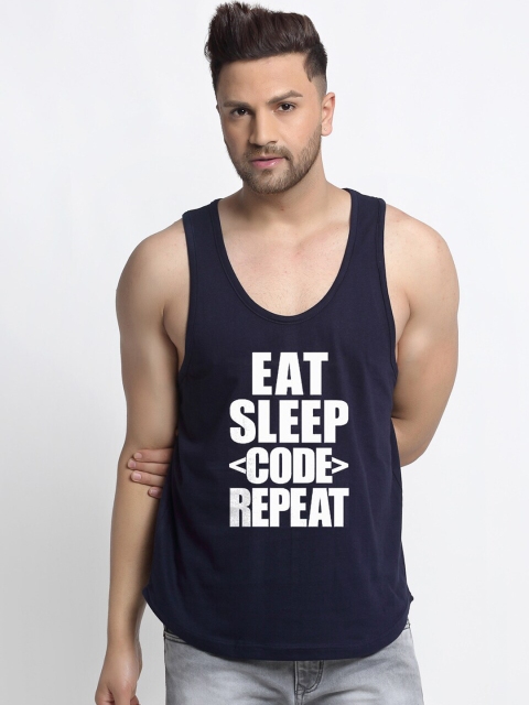 Friskers Men Navy-Blue & White Printed Pure Cotton Gym Vest
