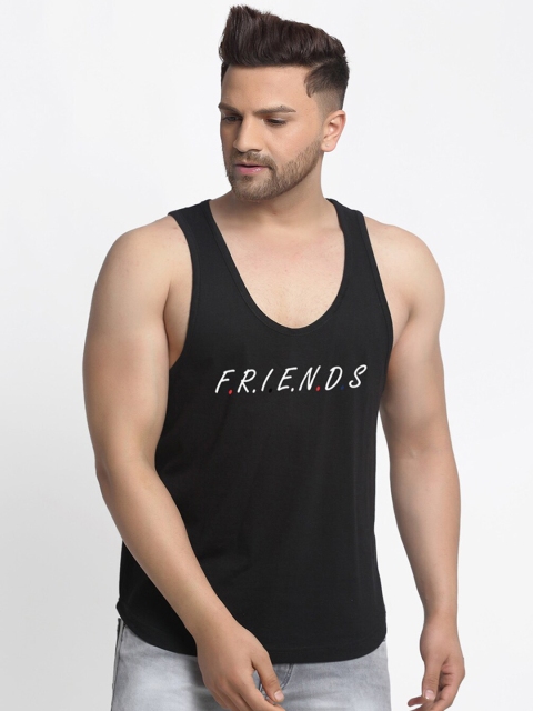 Friskers Men Black Printed Cotton Innerwear Vests
