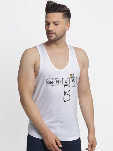 Friskers Men White Printed Pure Cotton Innerwear Vest