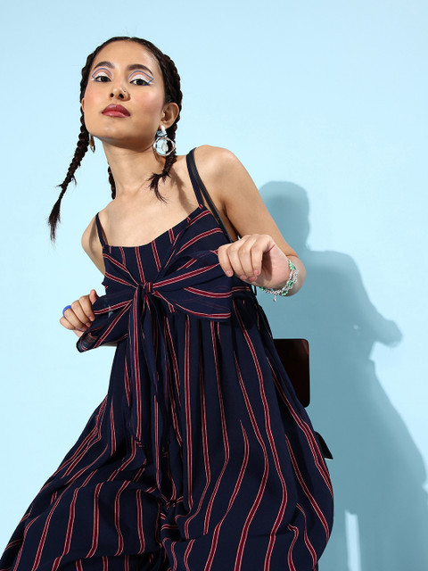 QUIERO Women Deep Navy Blue Striped Twist & Knot Jumpsuit