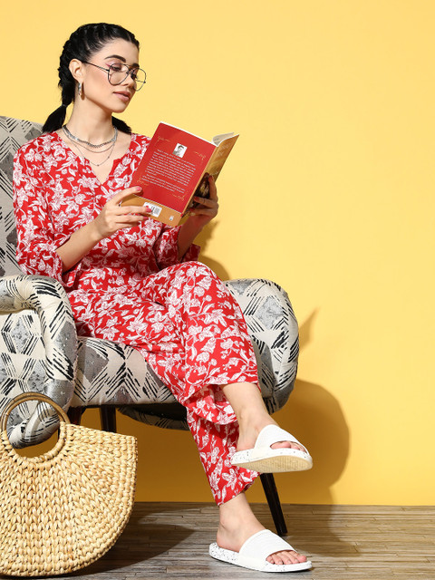 ETC Women Red Floral Workleisure Set Night Suit