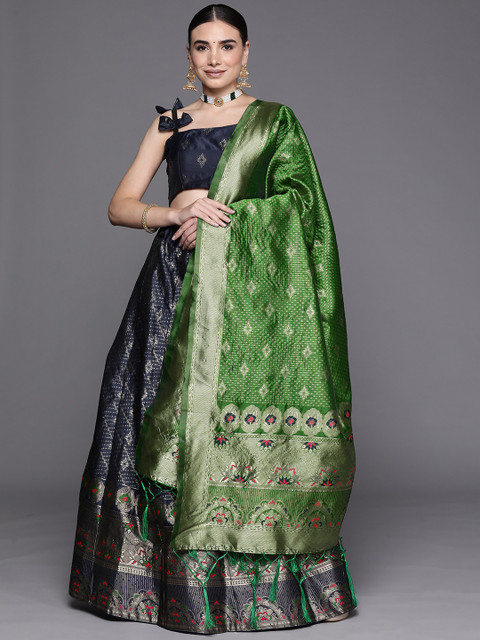 Mitera Women Navy Blue & Gold-Toned Semi-Stitched Lehenga Unstitched Blouse & Dupatta