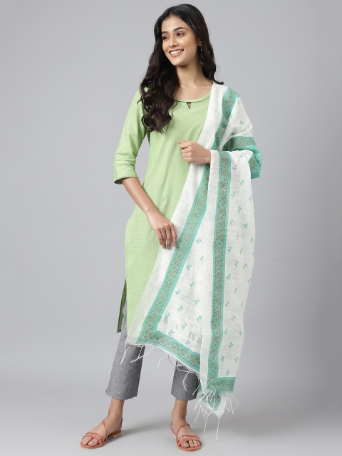 AURELIA Green & White Printed Viscose Rayon Foil Print Dupatta - Image 4
