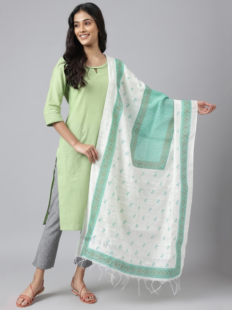 AURELIA Green & White Printed Viscose Rayon Foil Print Dupatta