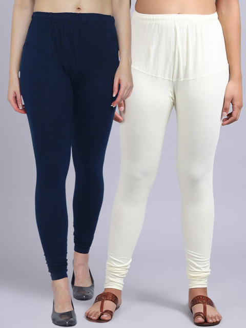 GRACIT Women Navy Blue and Off White Solid Churidar-Length Set Of 2 Leggings