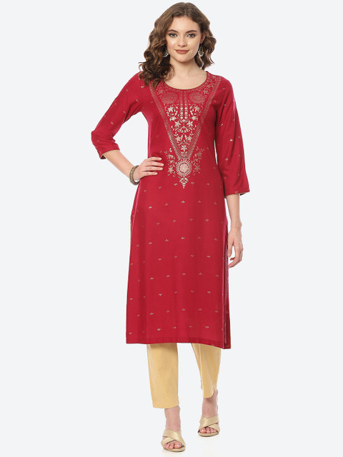 Rangriti Women Pink Ethnic Motifs Embroidered Flared Sleeves Thread Work Kurta