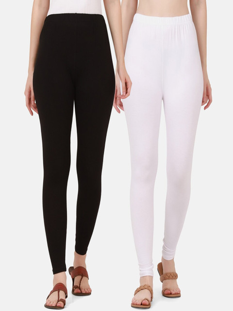 BUY NEW TREND Women Pack Of 2 White & Black Solid Pure Cotton Ankle-Length Leggings