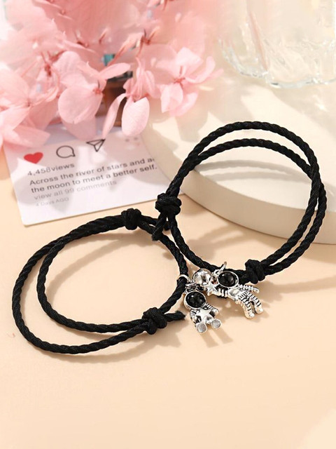 Yellow Chimes Women Black Threaded Brass Couple Bracelet