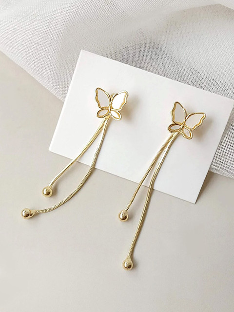 Yellow Chimes Gold Tone Butterfly Shape Stud Long Linear Chain Drop Dangle Earrings