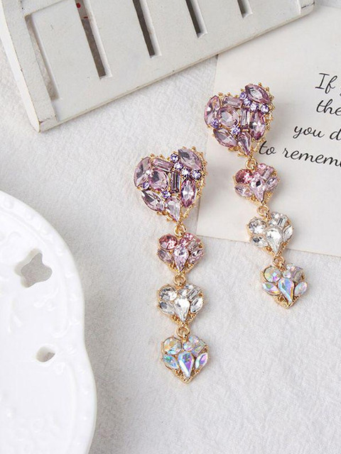 Yellow Chimes Women Multicolored Crystal Studded Heart Shape Drop Dangle Earrings