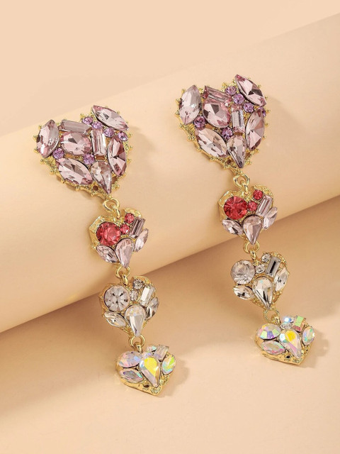 Yellow Chimes Women Multicolored Crystal Studded Heart Shape Drop Dangle Earrings - Image 2