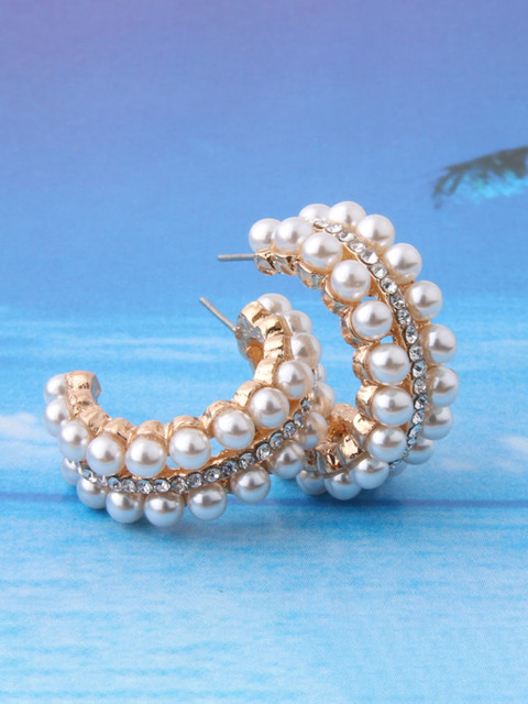 Yellow Chimes Gold-Plated White Crystal Studded Half Hoop Earrings